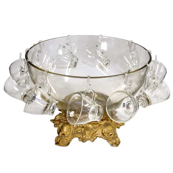 2 Gallon 12 Cups Clear Punch Bowl with Gold Stand