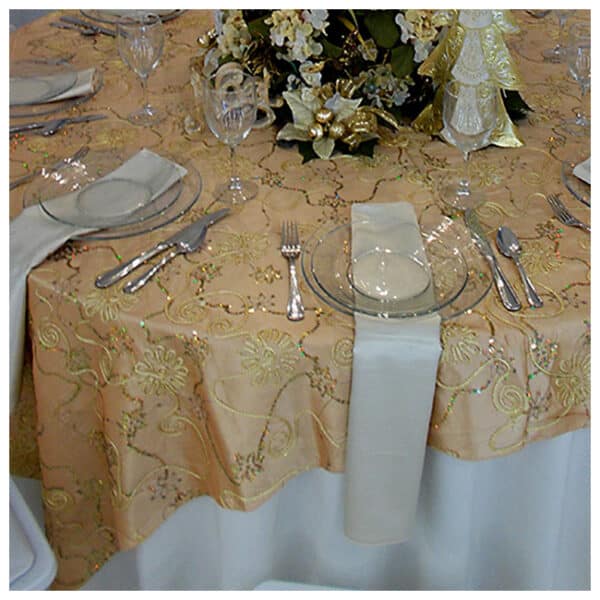Taffeta Sequins Flower Tan/Gold 120 Table Cloth