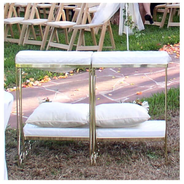 Pair white cushion brass frame kneeling bench
