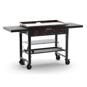 The 36 in. 4-Burner Propane Gas Grill with Griddle Top is perfect for preparing breakfast, lunch, and dinner. It incorporates a pre-seasoned griddle that offers 732 sq. in. of total cooking space and 4 high-powered burners that offer 15,000 BTUs each. The left and right side tables add a convenient prep area, while the easily collapsible grill cart with wheels make transporting a breeze.