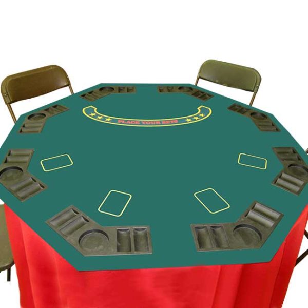 This octagon tabletop features a casino style Poker/Blackjack playing surface. This tabletop measures 48 x 48 inches. This convenient tabletop also has 8 player positions with individual trays for poker chips and beverages. It is made of superior quality green felt for a smooth playing surface. Enjoy your poker party and play in a casino-like atmosphere using this poker/blackjack tabletop.