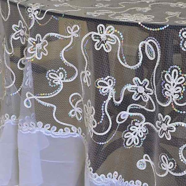 Sheer Flower Sequin White Tablecloth Rental Product