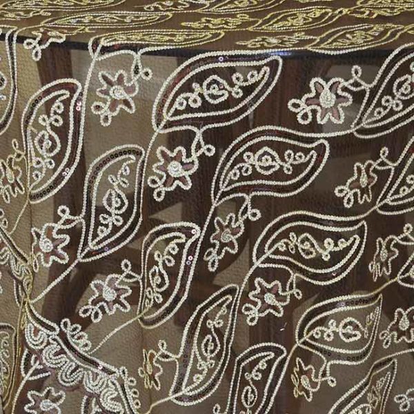 Sheer Paisley Sequin Brown-Gold Tablecloth Rental Product